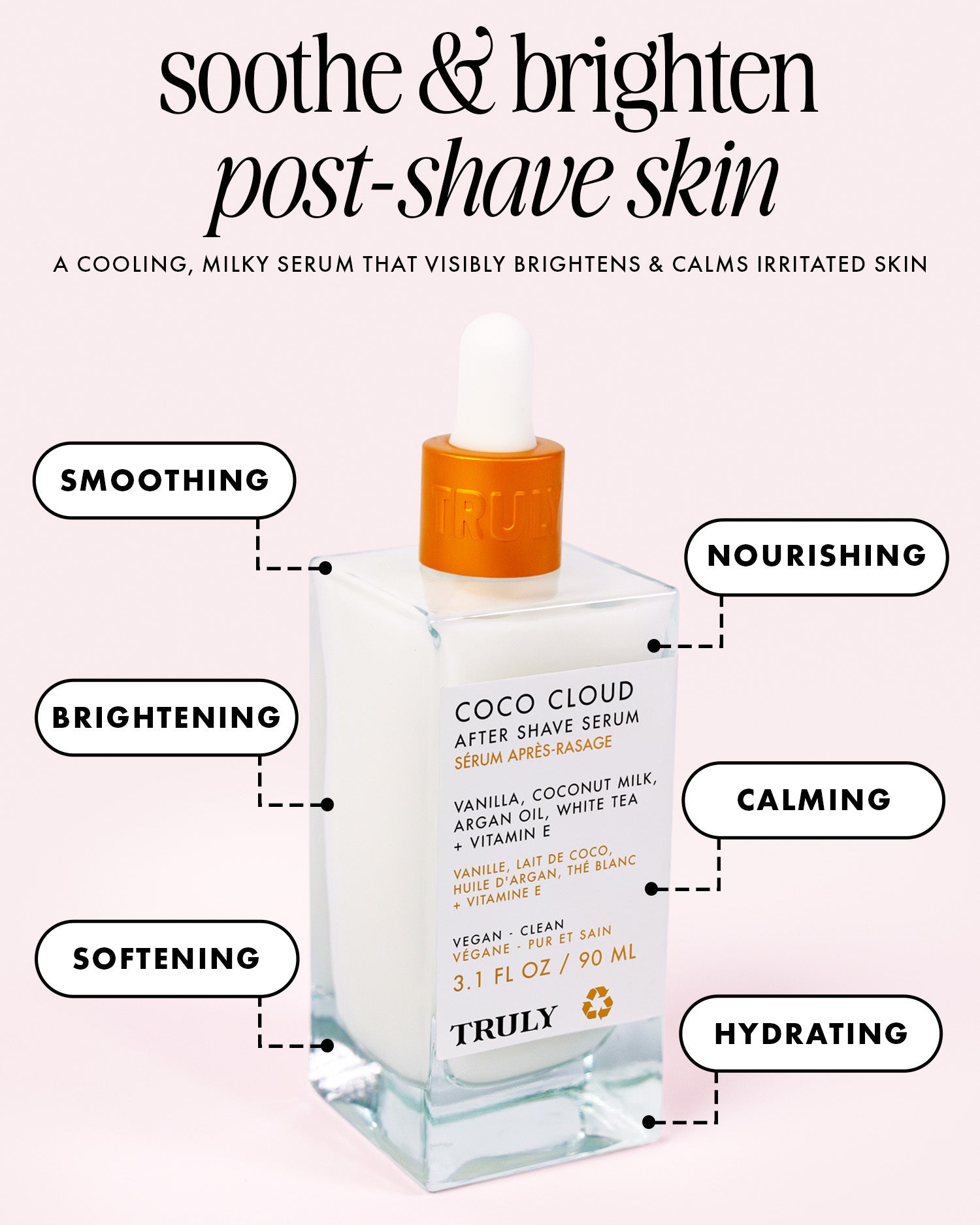 A bottle of Truly Beauty Coco Cloud After Shave Serum with a dropper cap is shown, surrounded by words like smoothing, brightening, softening, nourishing, calming, and hydrating. Text above highlights its soothing effects for post-shave dryness and ingrown hairs.