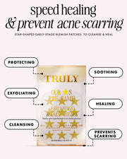 A product image for Truly Beauty's Our Stars Pre-Game Blemish Patches featuring hydrocolloid and tea tree oil is surrounded by words—protecting, exfoliating, cleansing, soothing, healing, prevents scarring—each pointing to the patch pack.