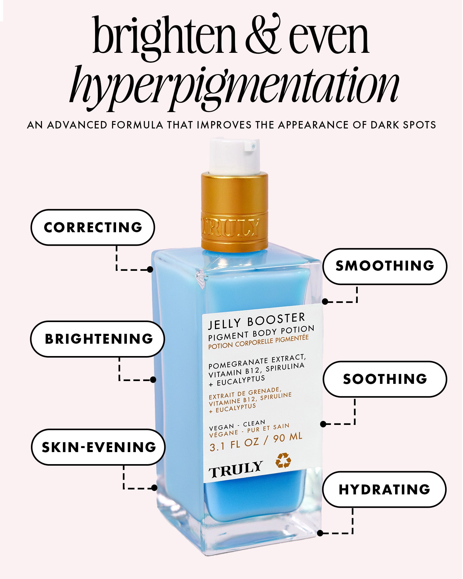 A blue bottle of Truly Beauty’s Jelly Booster Pigment Body Potion with a gold and white pump, featuring text about its benefits: brightening, correcting, smoothing, hydrating, evening skin tone, and reducing hyperpigmentation and acne scars.