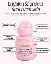 A pink jar of Truly Beauty’s Soft Serve Serum Deodorant with a round cap is shown, surrounded by text showcasing its brightening, smoothing, odor-fighting benefits—an aluminum- and residue-free AHA formula that dries quickly.