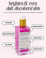 A pink and gold bottle of Truly Beauty's Unicorn Fruit After Shave Serum is shown, offering firming, soothing, calming, and hydrating benefits for dull, discolored skin while helping prevent ingrown hairs.