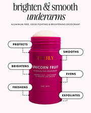A pink Truly Beauty Unicorn Fruit Skin Brightening and Smoothing Deodorant stick is shown with callouts: protects, smooths, evens, exfoliates, freshens, and brightens. Text above notes its niacinamide formula for brighter, smoother underarms.