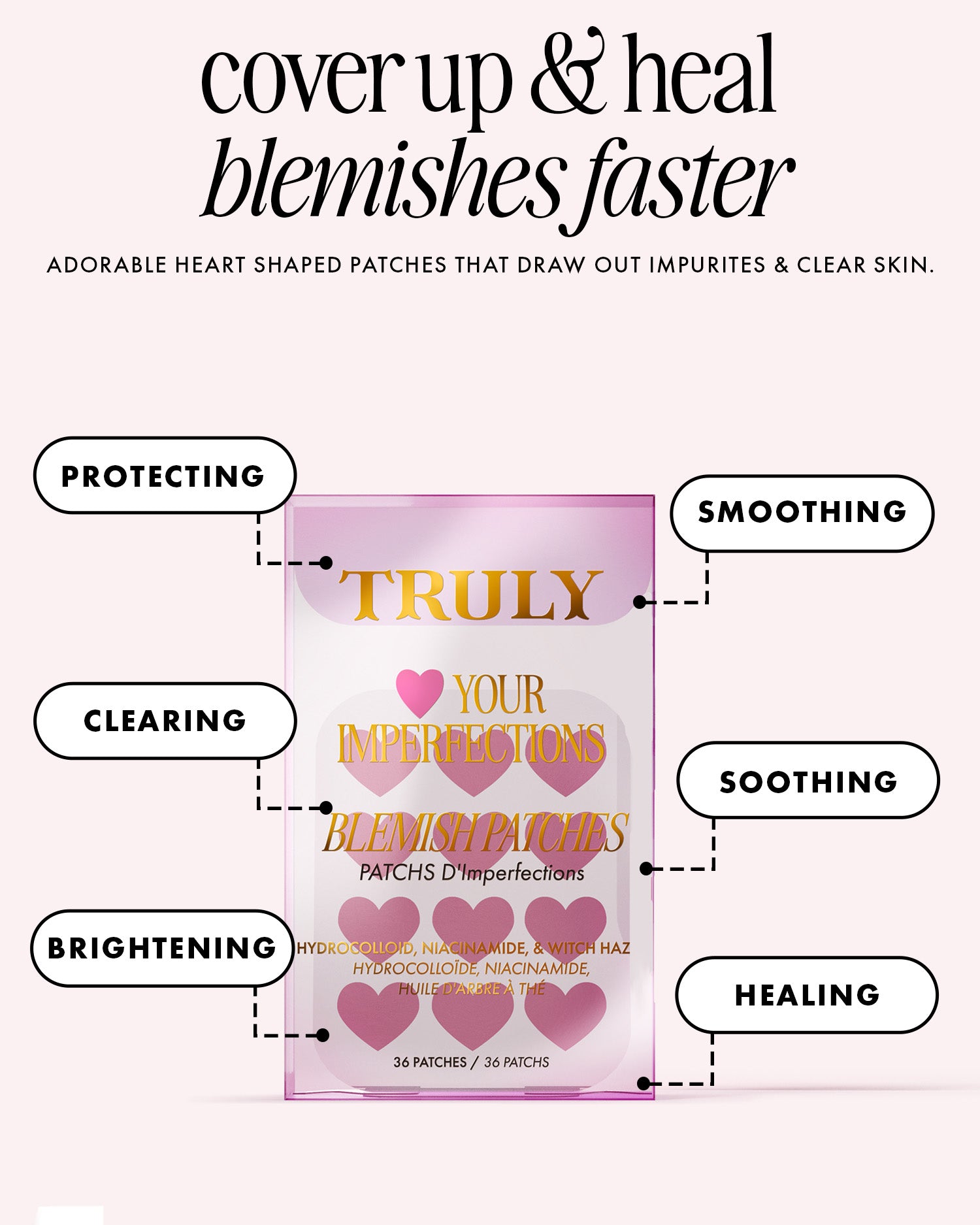 A pink package of Truly Beauty's #Heart Your Imperfections Blemish Patches is shown. These heart-shaped hydrocolloid patches protect, clear, brighten, smooth, soothe, and help heal blemishes quickly.