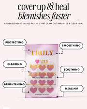 A pink package of Truly Beauty's #Heart Your Imperfections Blemish Patches is shown. These heart-shaped hydrocolloid patches protect, clear, brighten, smooth, soothe, and help heal blemishes quickly.