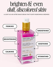 A bottle of Truly Beauty Unicorn Fruit After Shave Serum with a gold pump, featuring benefits like soothing ingrown hairs, firming, smoothing, brightening, calming, and hydrating. Label highlights acai, vitamin E, and rose water.