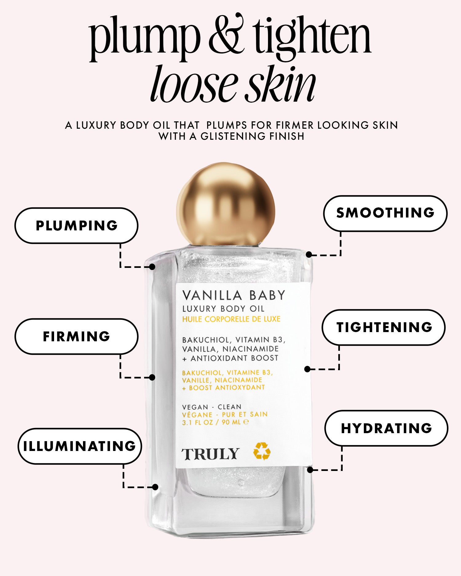 A bottle of Truly Beauty's Vanilla Baby Luxury Body Oil is shown, highlighting its anti-aging benefits—plumping, firming, illuminating, smoothing, tightening, and hydrating loose skin—with bakuchiol and vitamin B3.