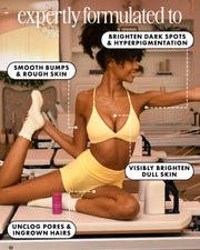 A woman in yellow workout clothes stretches on a Pilates machine. Text bubbles highlight The Viral Edit by Truly Beauty: smooth bumps, visibly brighten with niacinamide, unclog pores, and reduce hyperpigmentation.