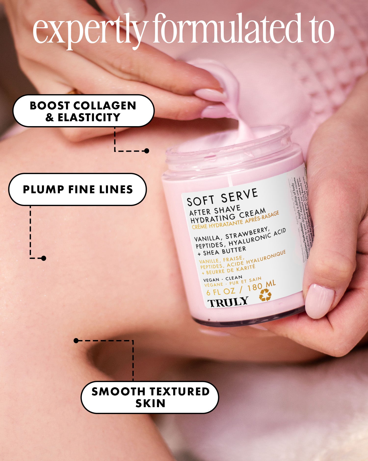 A person holds a jar of Truly Beauty Soft Serve After Shave Hydrating Cream near their smooth, bare leg. Text highlights: boosts collagen & elasticity, plumps fine lines, smooths skin texture, and treats ingrown hairs.