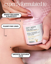 A person holds a jar of Truly Beauty Soft Serve After Shave Hydrating Cream near their smooth, bare leg. Text highlights: boosts collagen & elasticity, plumps fine lines, smooths skin texture, and treats ingrown hairs.