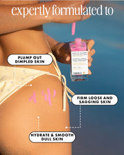 A person in a bikini applies Truly Beauty's Buns Of Glowry Tightening Body Serum to their hip and thigh, highlighting its benefits: plumping dimpled skin, firming loose or sagging areas, and hydrating & smoothing dull skin.