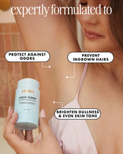 A woman applies Truly Beauty's Coco Cloud Ingrown Prevention and Brightening Deodorant to her underarm. Text highlights: protects against odors, prevents ingrown hairs, and brightens dullness & discoloration. Expertly formulated to help.