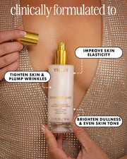 A hand holds a bottle of Truly Beauty's Diamond Baby Treatment Body Serum against a sequined top. Text highlights diamond peptides that reduce wrinkles, tighten skin, boost elasticity, brighten dullness, and even skin tone.