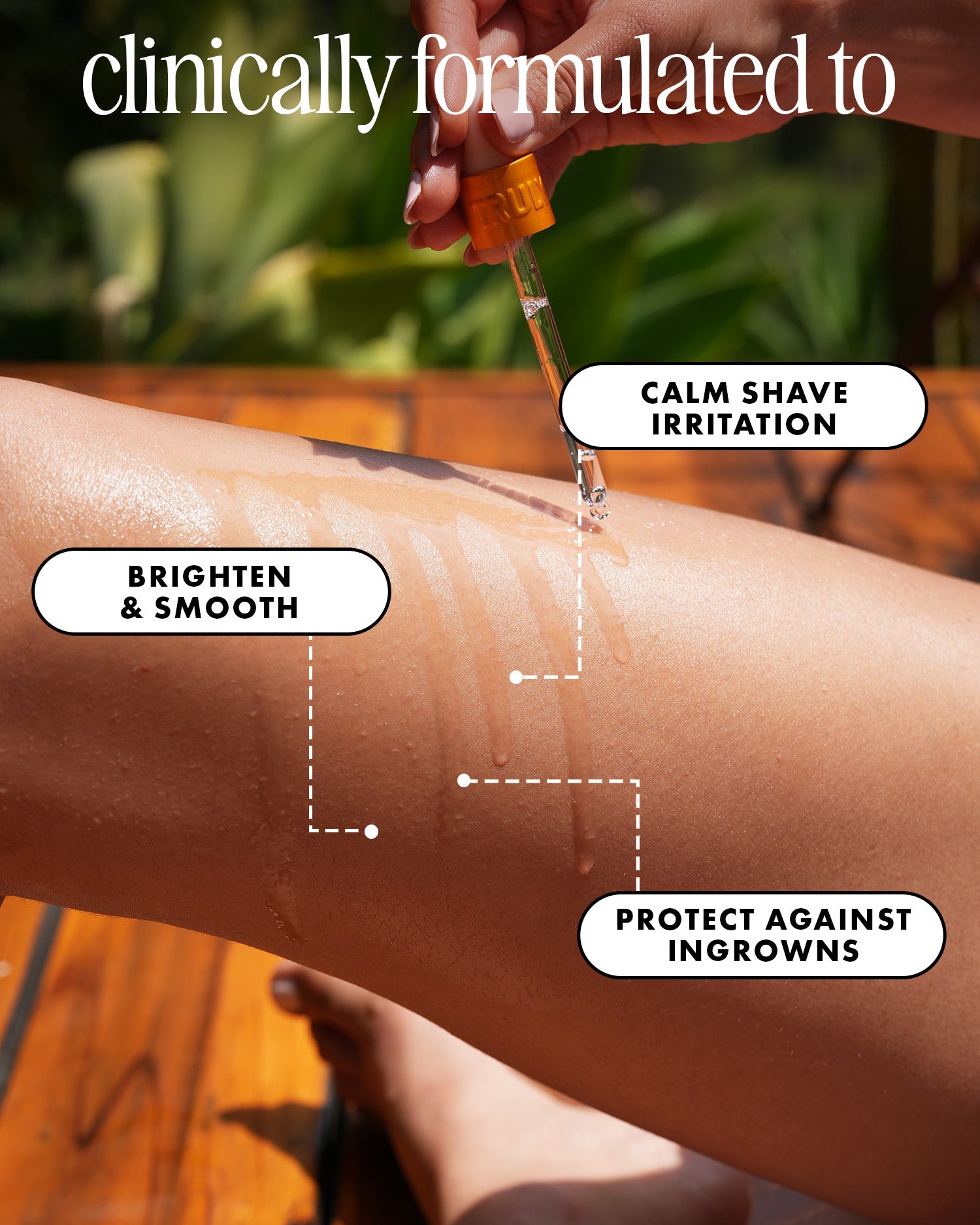 Outdoors, someone uses a dropper to apply Truly Beauty’s Glazed Donut After Shave Oil to their leg. Onscreen text highlights brighten & smooth, post-shave hydration, and ingrown hair protection. Greenery and wood appear in the background.