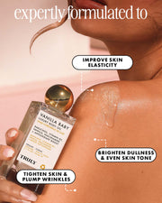 A person applies Truly Beauty Vanilla Baby Luxury Body Oil to their shoulder. Text highlights its benefits: firms, improves elasticity, brightens dull skin, evens tone, and offers anti-aging effects.