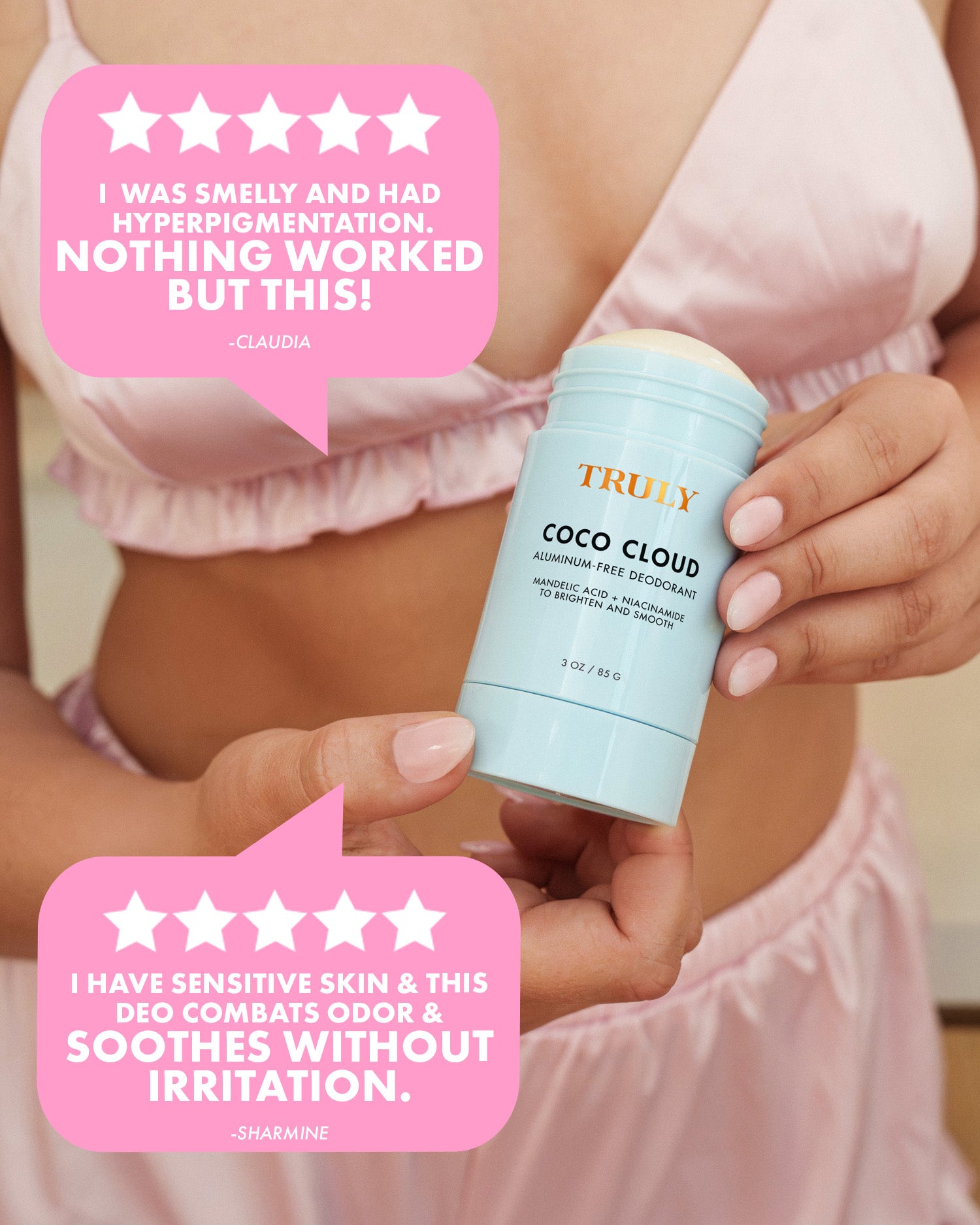 A woman in pink satin pajamas holds a Truly Beauty Coco Cloud Ingrown Prevention and Brightening Deodorant. Two customer reviews praise its effectiveness for discoloration and sensitive skin, making it an ideal non-irritating after shave deodorant.