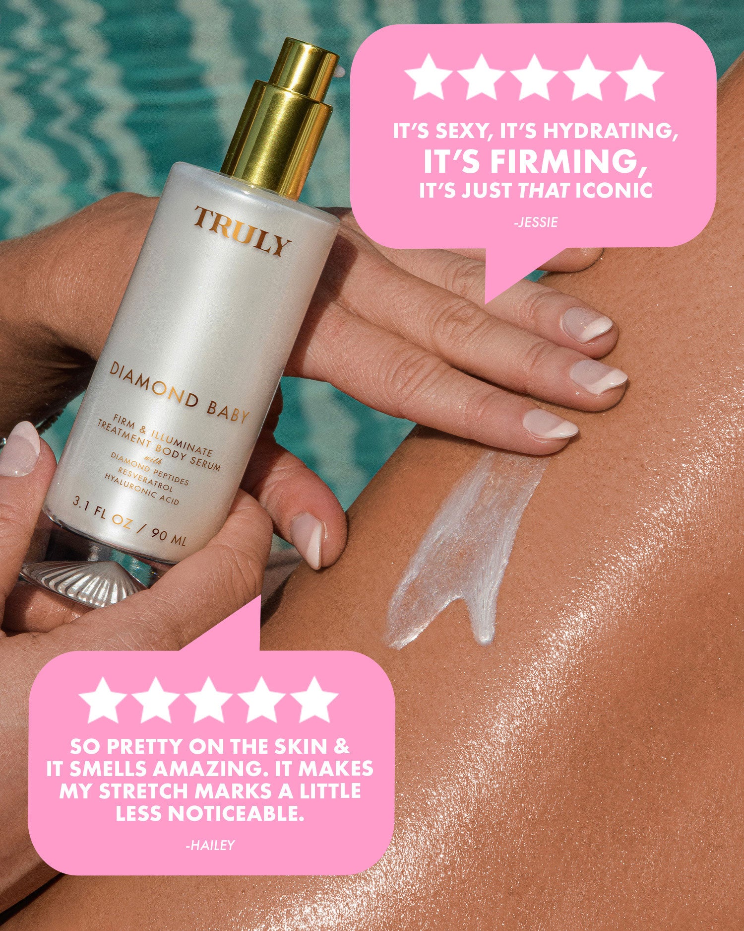 A hand holds a bottle of Truly Beauty’s Diamond Baby Treatment Body Serum beside a leg with its peptide-rich formula applied. Two pink 5-star review bubbles highlight its firming, hydrating, and stretch mark-reducing benefits.