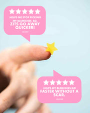 A hand holds Our Stars Pre-Game Blemish Patch by Truly Beauty on a fingertip. Two pink text bubbles with five-star reviews note the hydrocolloid patch quickly heals blemishes and helps prevent scarring.