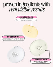 Infographic highlights three key ingredients in Truly Beauty's Coco Cloud Ingrown Prevention and Brightening Deodorant: Mandelic Acid (targets ingrowns, brightens), Coconut Oil (soothes, fights odor), and Niacinamide (brightens, evens skin).