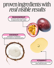 Infographic featuring Glazed Donut After Shave Oil by Truly Beauty: passionfruit for elasticity, coconut for post-shave hydration, and vitamin E to soothe dryness and help prevent ingrown hairs.