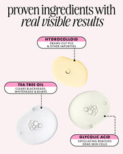 An infographic features Truly Beauty’s Our Stars Pre-Game Blemish Patches, highlighting hydrocolloid (draws out pus), tea tree oil (clears blackheads and bumps), and glycolic acid (exfoliates), with liquid droplet visuals.