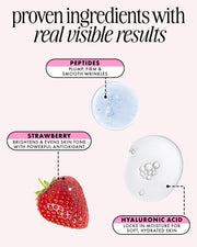 Infographic with strawberries, serum drops, and text highlights peptides for firmness, strawberry for brightening, and hyaluronic acid for hydration—key ingredients in Truly Beauty's Soft Serve After Shave Hydrating Cream for real results.
