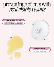 Text reads: Unicorn Fruit Skin Brightening and Smoothing Deodorant by Truly Beauty uses proven ingredients—mandelic acid to smooth bumps & neutralize odor, and niacinamide to brighten & improve overall skin tone—for real visible results.