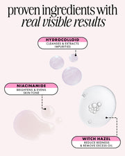 Graphic highlighting three skincare ingredients in Truly Beauty's #Heart Your Imperfections Blemish Patches: Hydrocolloid (cleanses blemishes), Niacinamide (brightens skin), and Witch Hazel, with illustrated product drops.