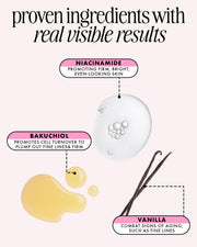 Truly Beauty’s Vanilla Baby Luxury Body Oil infographic features niacinamide (clear gel with bubbles), bakuchiol (yellow drops), and vanilla (vanilla beans), with each ingredient’s anti-aging skincare benefits highlighted in labeled boxes.