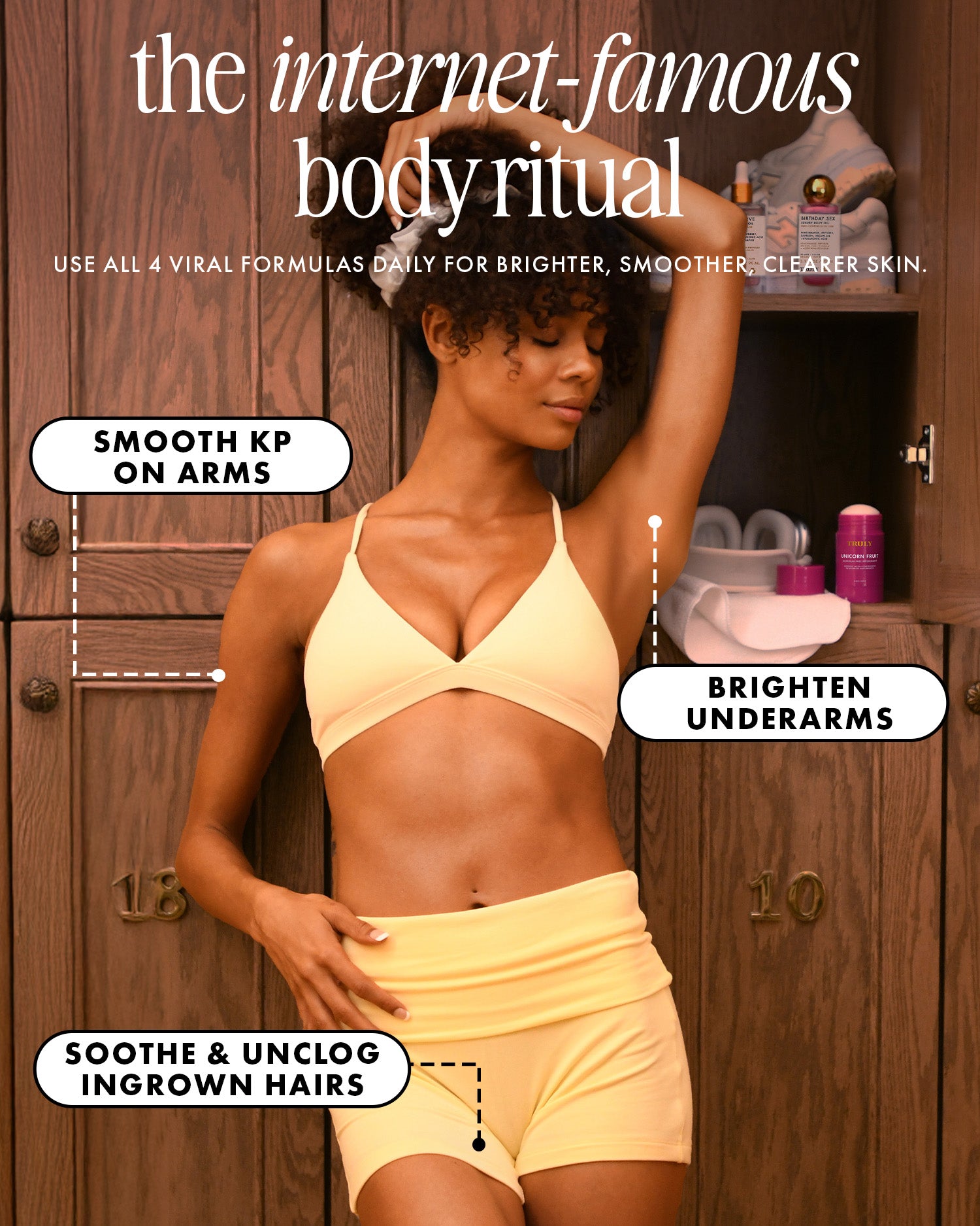 A woman in a yellow sports bra stands by wooden lockers, raising one arm. Text highlights how The Viral Edit by Truly Beauty, with glycolic acid and niacinamide, smooths KP, fades dark spots, brightens underarms, and soothes ingrown hairs.