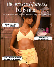A woman in a yellow sports bra stands by wooden lockers, raising one arm. Text highlights how The Viral Edit by Truly Beauty, with glycolic acid and niacinamide, smooths KP, fades dark spots, brightens underarms, and soothes ingrown hairs.