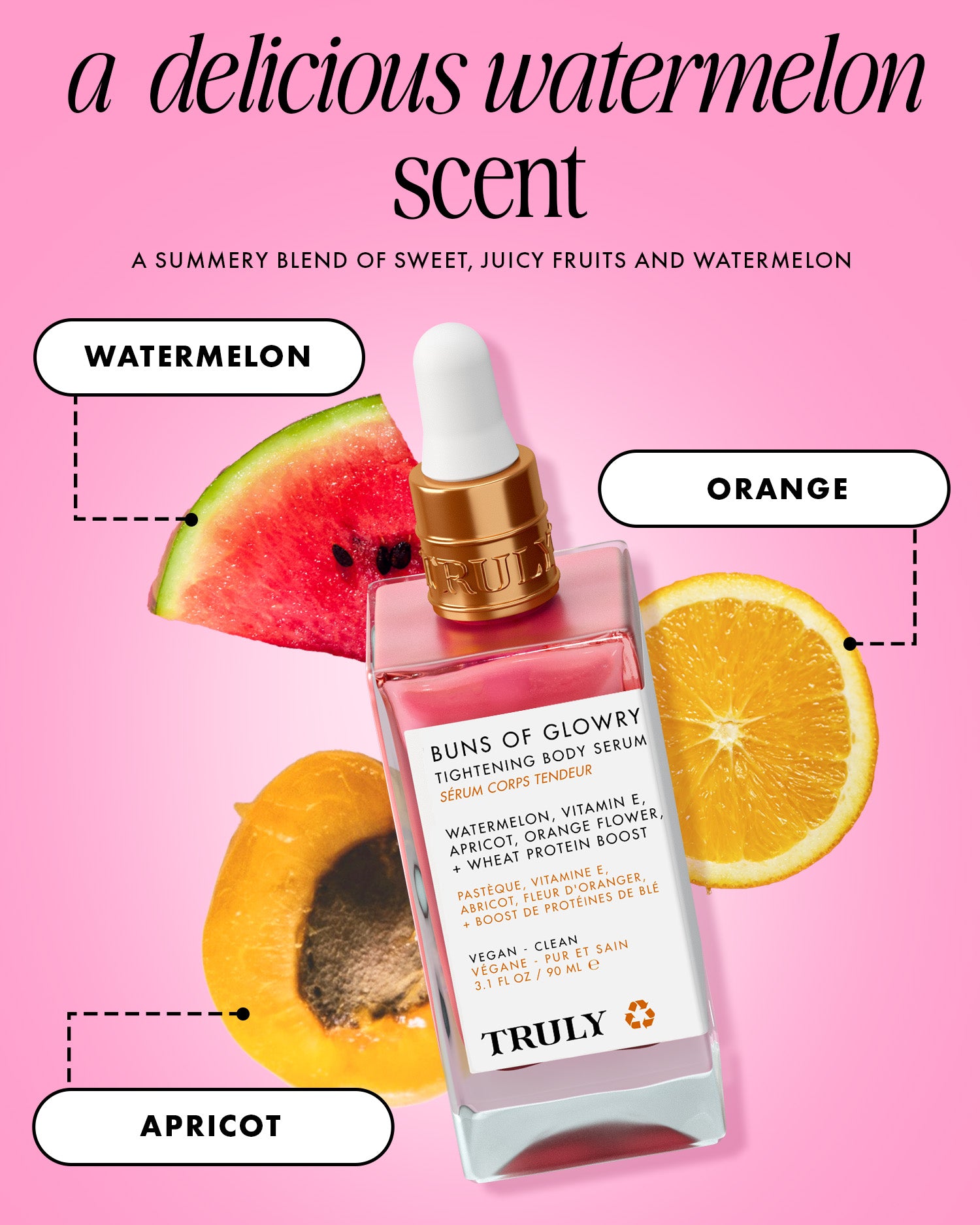 A bottle of Truly Beauty’s Buns Of Glowry Tightening Body Serum rests on a pink background with sliced watermelon, orange, and apricot, highlighting the serum's hydrating fruity ingredients and citrus-based flavones.