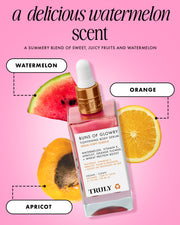 A bottle of Truly Beauty’s Buns Of Glowry Tightening Body Serum rests on a pink background with sliced watermelon, orange, and apricot, highlighting the serum's hydrating fruity ingredients and citrus-based flavones.