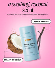 A light blue Coco Cloud Ingrown Prevention and Brightening Deodorant by Truly Beauty stands between a halved coconut and a vanilla bean on a pink background, with text highlighting its soothing coconut and warm vanilla scent.