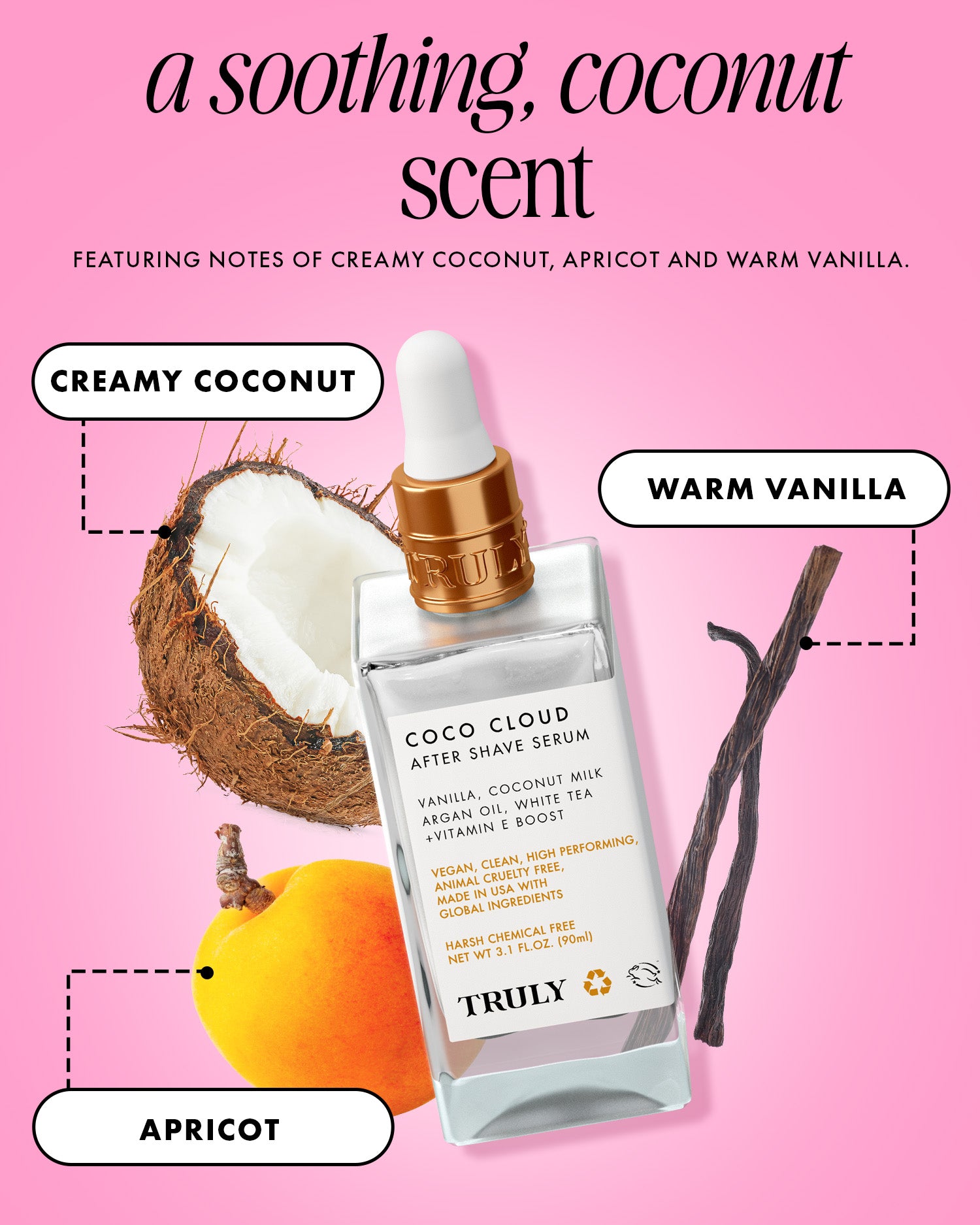Truly Beauty’s Coco Cloud After Shave Serum is shown with a halved coconut, apricot, and vanilla beans on a pink background. Labels highlight creamy coconut, warm vanilla, and apricot for gentle ingrown hair treatment.