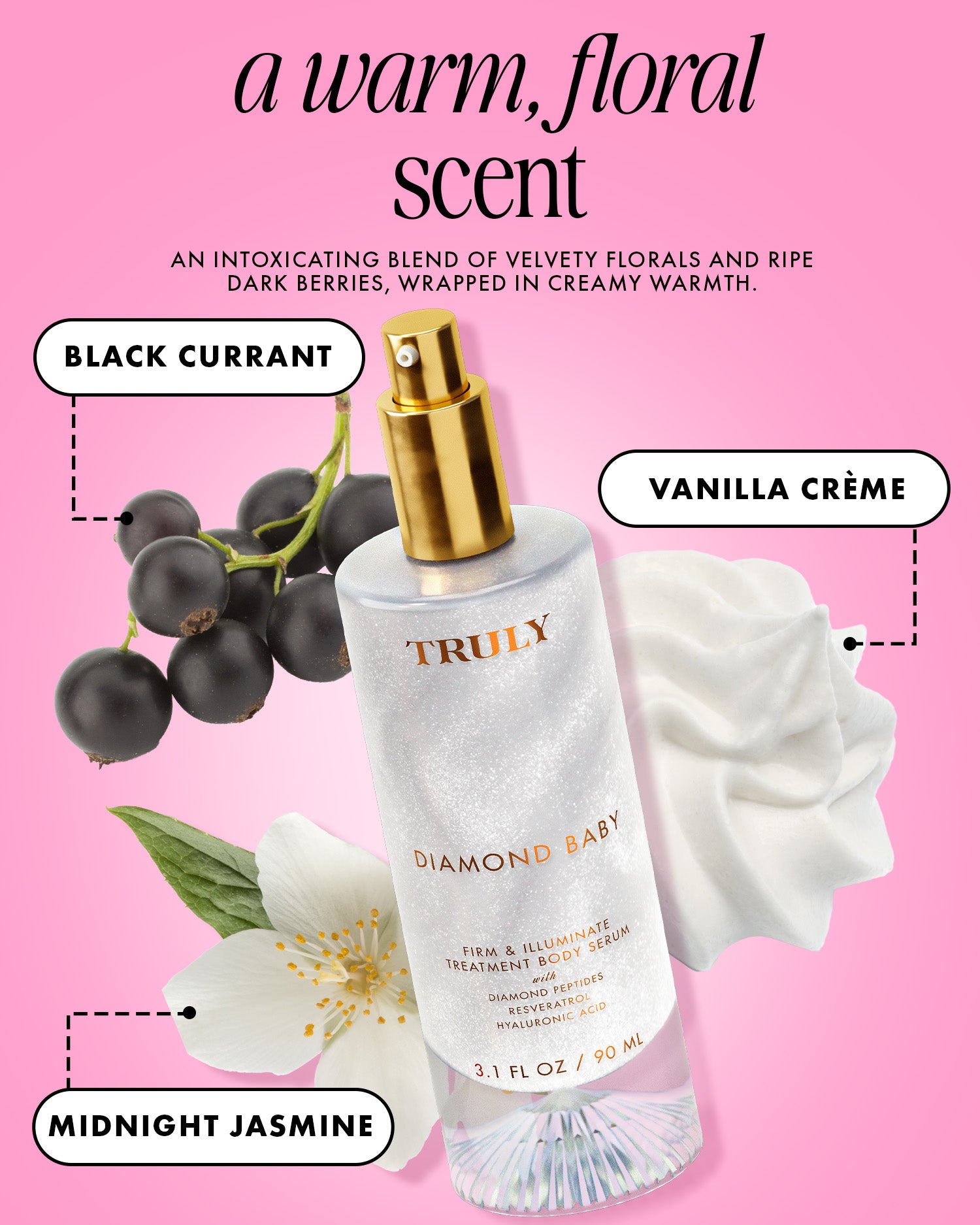 A bottle of Diamond Baby Treatment Body Serum by Truly Beauty is displayed with black currant berries, a white vanilla crème flower, and a white jasmine flower, highlighting its notes of black currant, vanilla crème, and midnight jasmine.