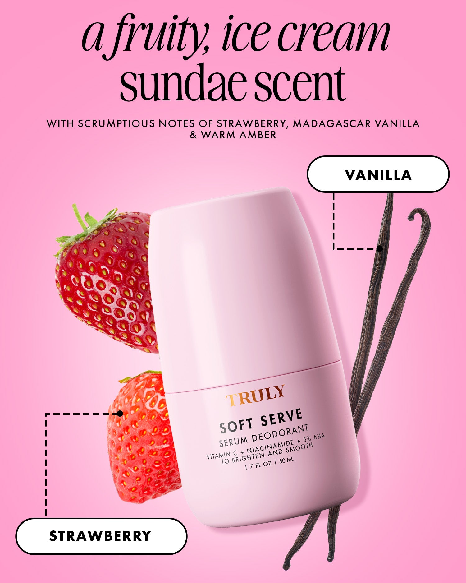 A pink Truly Beauty Soft Serve Serum Deodorant bottle is shown with strawberry and vanilla bean illustrations. The text highlights its fruity, ice cream sundae scent, featuring notes of strawberry, vanilla, and amber.
