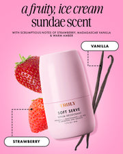 A pink Truly Beauty Soft Serve Serum Deodorant bottle is shown with strawberry and vanilla bean illustrations. The text highlights its fruity, ice cream sundae scent, featuring notes of strawberry, vanilla, and amber.