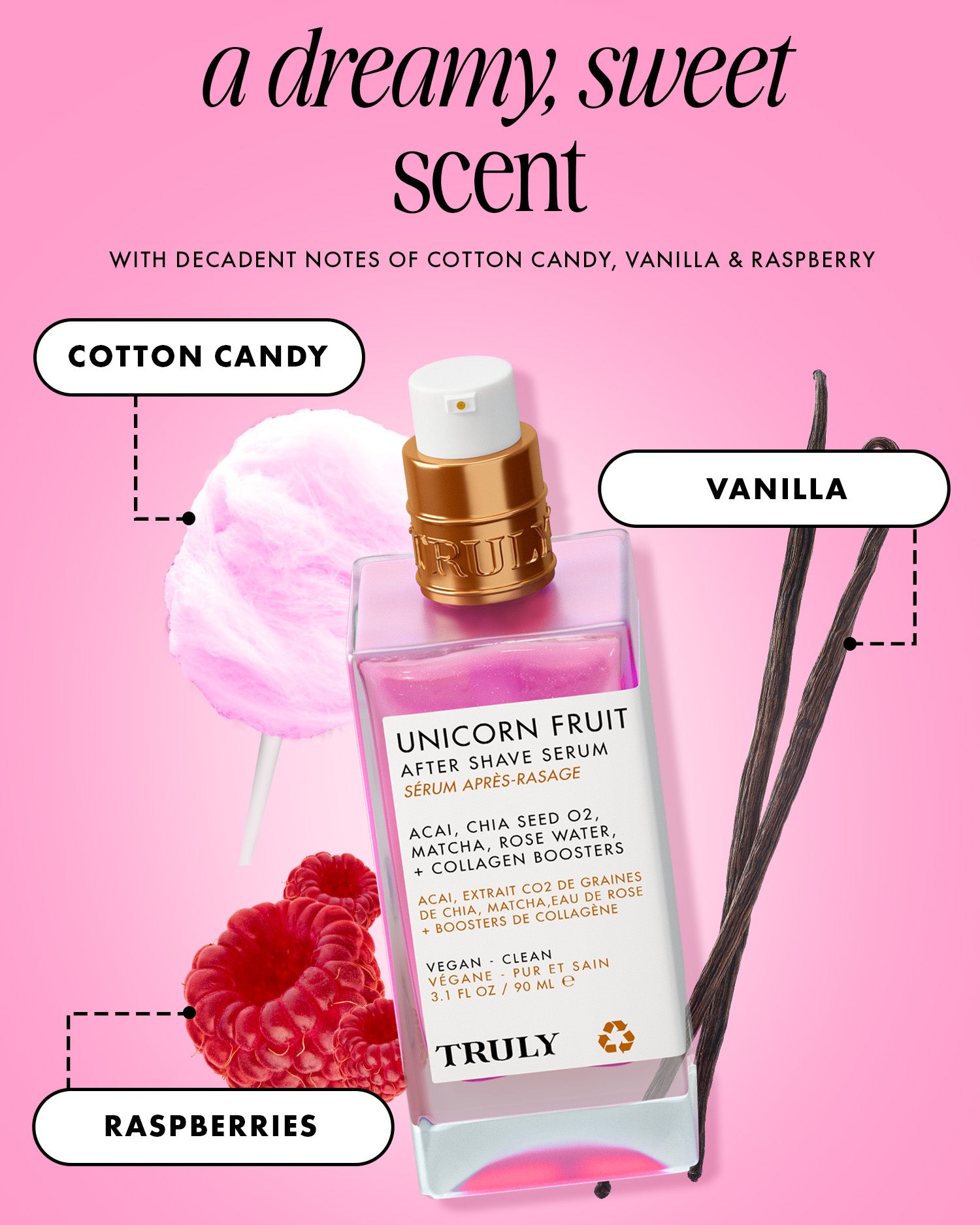 A bottle of Truly Beauty’s Unicorn Fruit After Shave Serum, an ingrown hair treatment, sits among cotton candy, vanilla beans, and raspberries to highlight its sweet scent notes against a dreamy pink background.