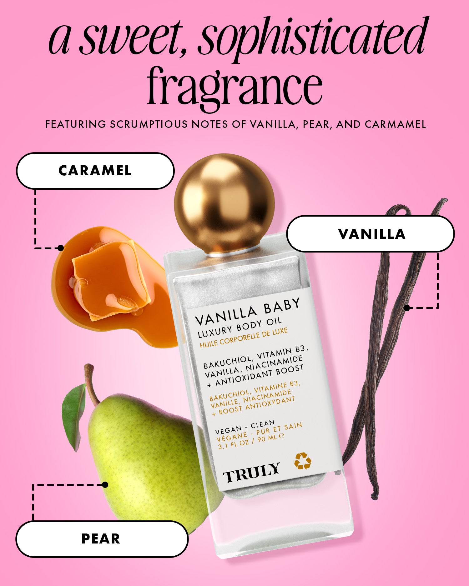 A bottle of Truly Beauty's Vanilla Baby Luxury Body Oil is displayed among caramel, vanilla beans, and a pear on a pink background, emphasizing its sweet fragrance notes of vanilla, pear, and caramel.