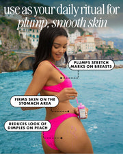 A woman in a bright pink bikini applies Truly Beauty's Buns Of Glowry Tightening Body Serum to her thigh by the sea. Text showcases its benefits: plumping stretch marks, firming stomach skin, and reducing dimples on the peach.