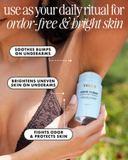 A woman applies Truly Beauty’s Coco Cloud Ingrown Prevention and Brightening Deodorant to her underarm. Text highlights: soothes bumps, brightens discoloration, prevents ingrowns, and fights odor. Headline: “Your daily ritual for fresh, radiant skin.”.