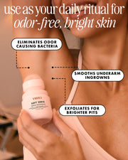 A woman applies Truly Beauty’s Soft Serve Serum Deodorant to her underarm. Text highlights benefits: eliminates odor-causing bacteria, smooths ingrowns, and exfoliates for brighter, smoother pits.