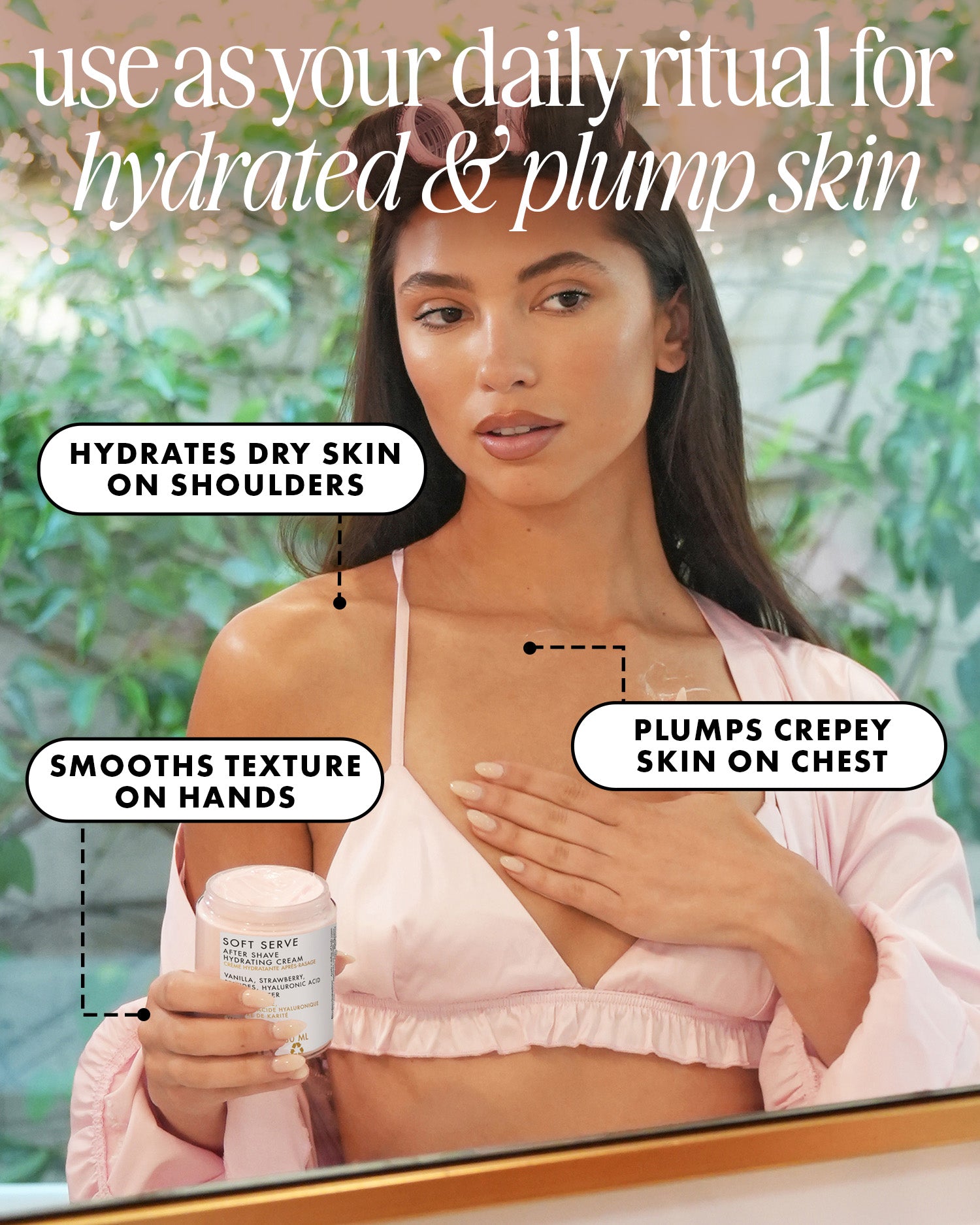 A woman in a pink bikini top applies Truly Beauty's Soft Serve After Shave Hydrating Cream to her chest in front of a mirror. Text highlights its benefits: hydrating dry shoulders, smoothing hands, and plumping crepey chest skin.