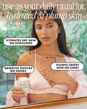 A woman in a pink bikini top applies Truly Beauty's Soft Serve After Shave Hydrating Cream to her chest in front of a mirror. Text highlights its benefits: hydrating dry shoulders, smoothing hands, and plumping crepey chest skin.