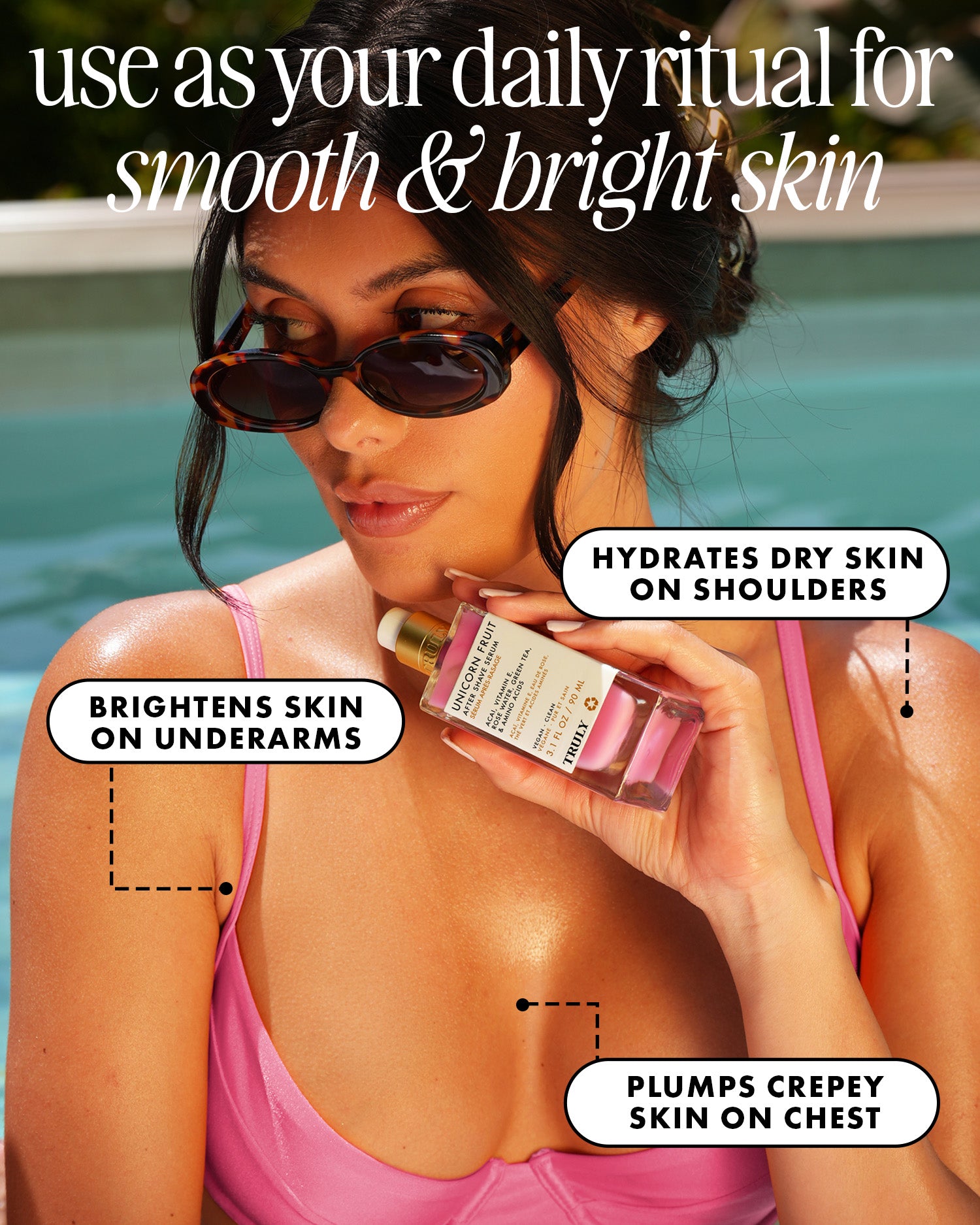 Woman applying skincare product by a pool with text highlighting benefits
