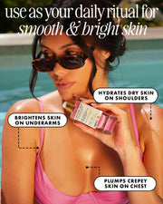 Woman applying skincare product by a pool with text highlighting benefits