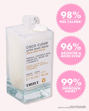 A bottle of Truly Beauty’s Coco Cloud After Shave Serum, a coconut-infused after shave with white liquid, shows three pink circles: “98% feel calmer,” “96% brighter & more even skin,” and “99% less ingrown hairs”—a powerful ingrown hair treatment.