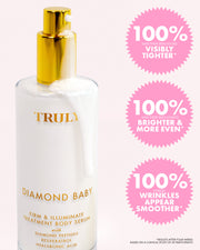 A bottle of Truly Beauty Diamond Baby Treatment Body Serum with white serum dripping down. Pink circles highlight claims of tighter, brighter skin and smoother wrinkles, each marked 100% diamond peptides.