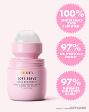 A pink Truly Beauty Soft Serve Serum Deodorant with a visible rollerball; 100% saw brighter underarms, 97% noticed neutralized odor, and minimized ingrowns.