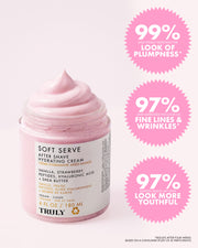 A jar of Truly Beauty's Soft Serve After Shave Hydrating Cream with a pink swirl texture, surrounded by text bubbles highlighting improved plumpness, reduced wrinkles, fewer ingrown hairs, and more youthful-looking skin.